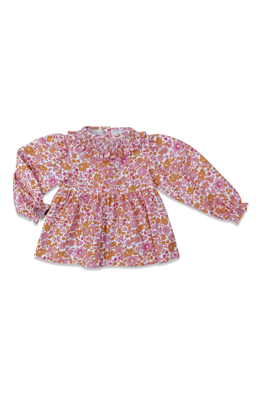 Smocked Alice Long Sleeve Blouse Pink & Orange Floral