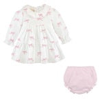 Pink Bows Print Dress w/ Ruffled Collar