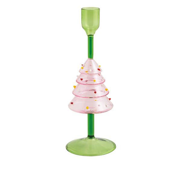Glass Pink Christmas Tree Taper Holder