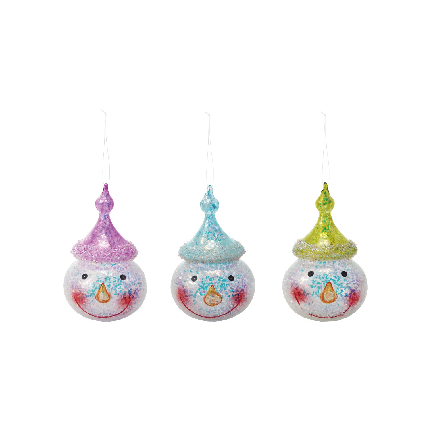 Glass Snowman Head Ornament with Iridescent Glitter, 3 Colors
